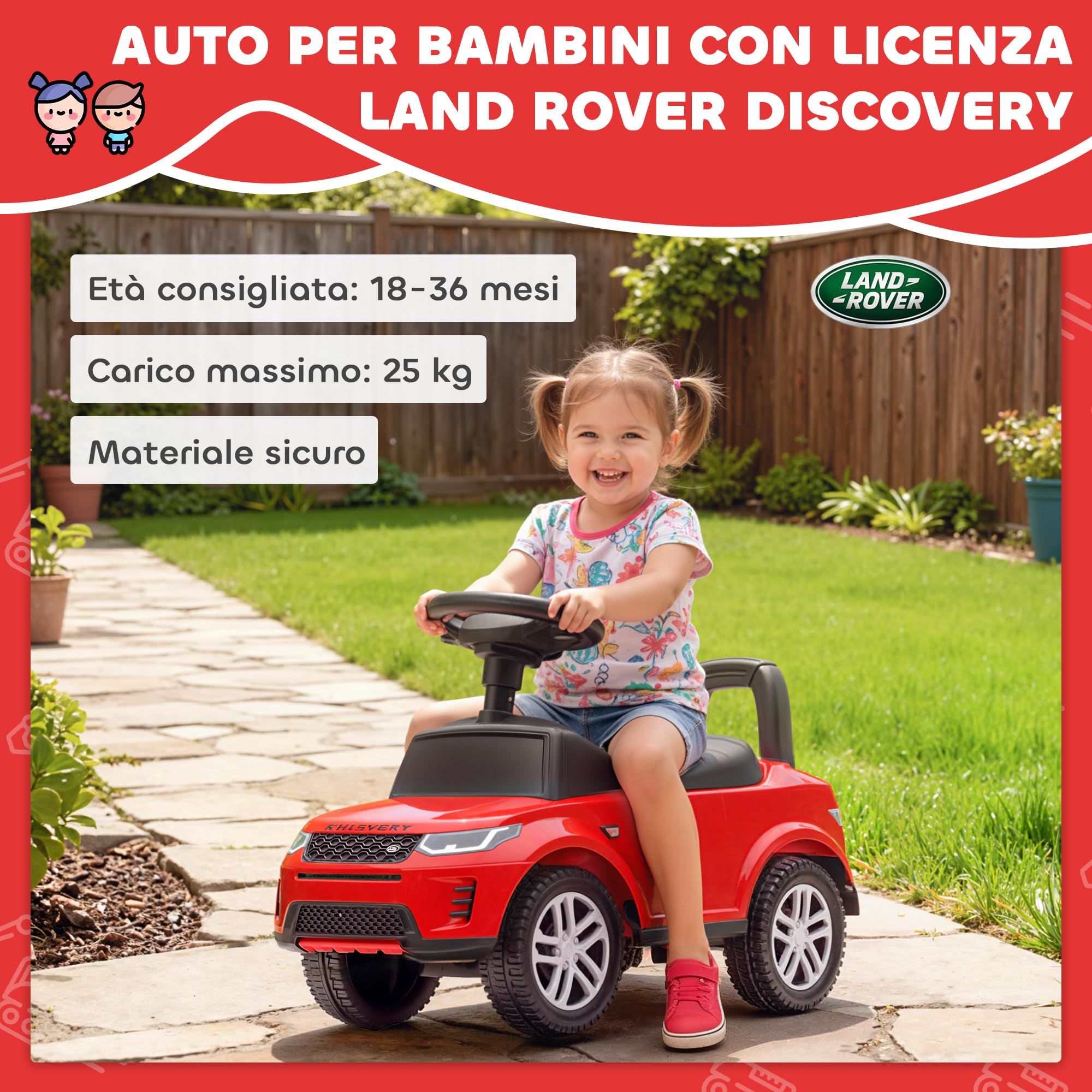 AIYAPLAY Macchina Primi Passi per Bambini Licenza Land Rover Discovery con Clacson e Spazio Portaoggetti, Auto per Bambini in PP e Acciaio, 65.5x28x42 cm, Rosso