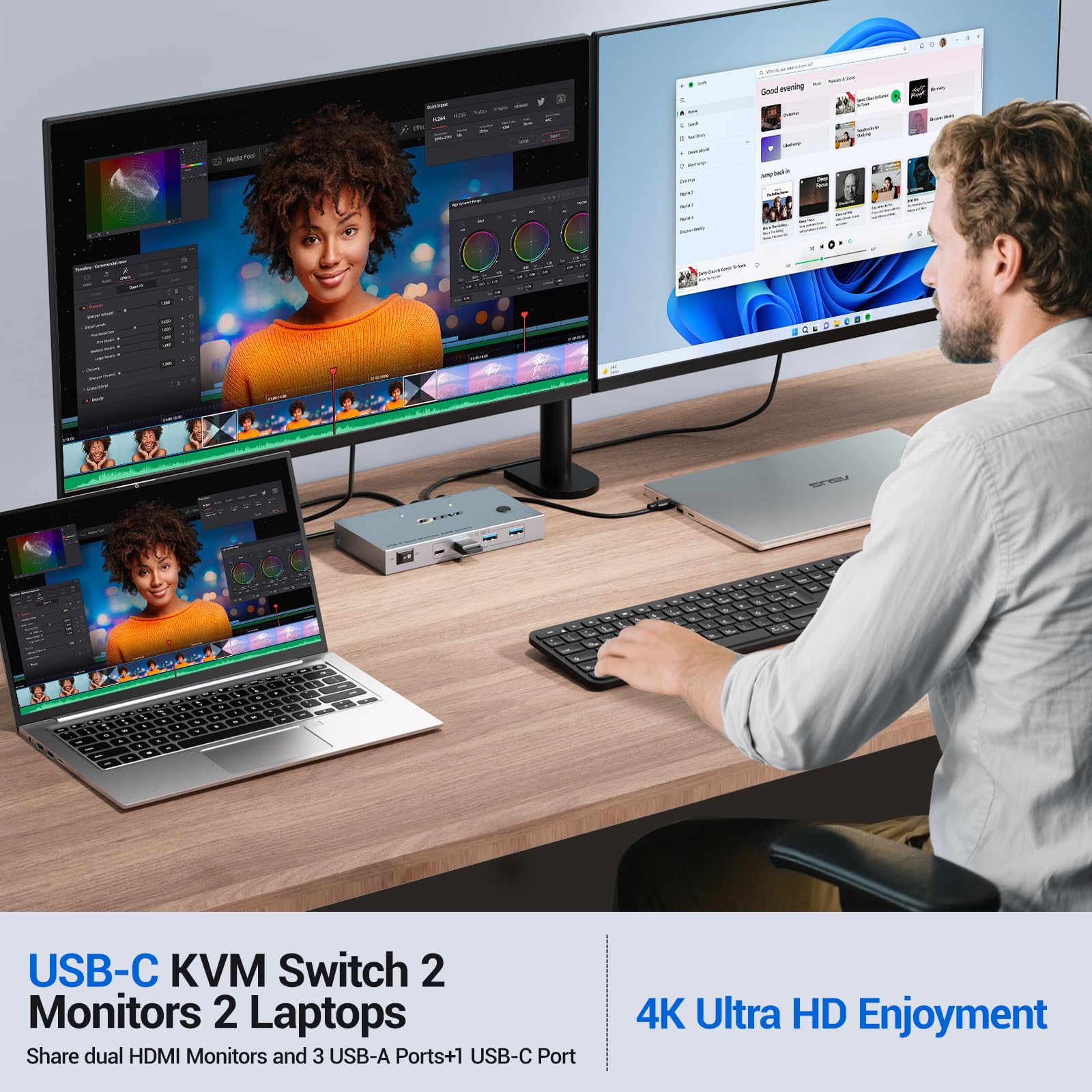 Amazon.co.jp: USB C KVMスイッチ モニター2台 ノートパソコン2台、4K