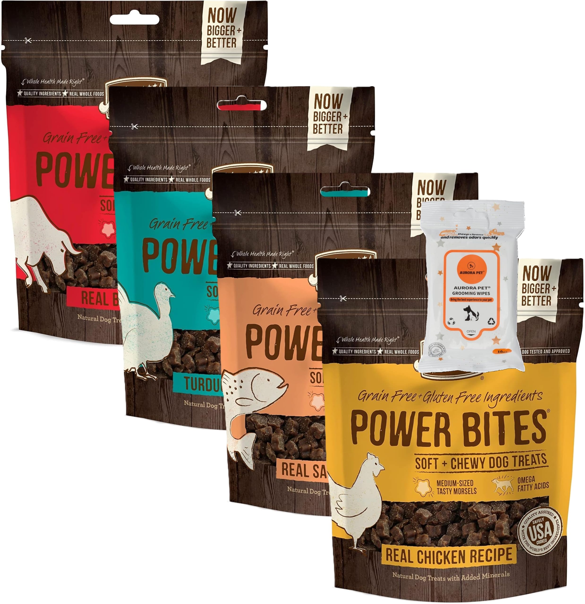 Aurora Pet Variety Pack (4) Power Bites Grain Free Dog Treats [Chicken, Beef, Turducken, Salmon] 6-oz Each with AuroraPet Wipes