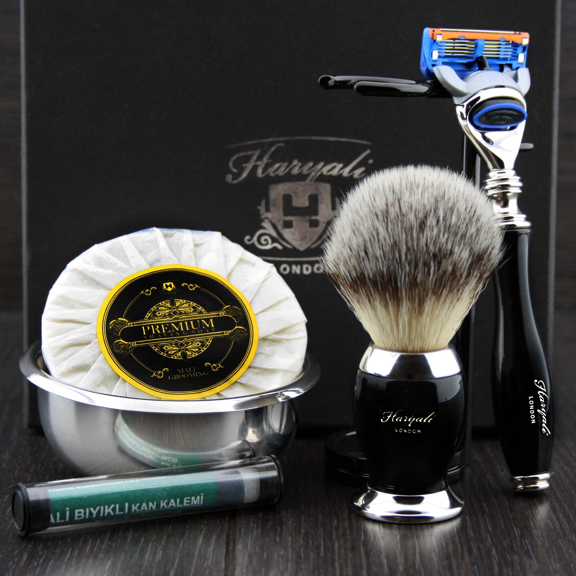 Haryali London 6 Pc Mens Shaving Kit 5 Edge Razor with Synthetic Badger Hair Shaving Brush, Stand, Soap, Bowl and Alum Perfect Set for Men