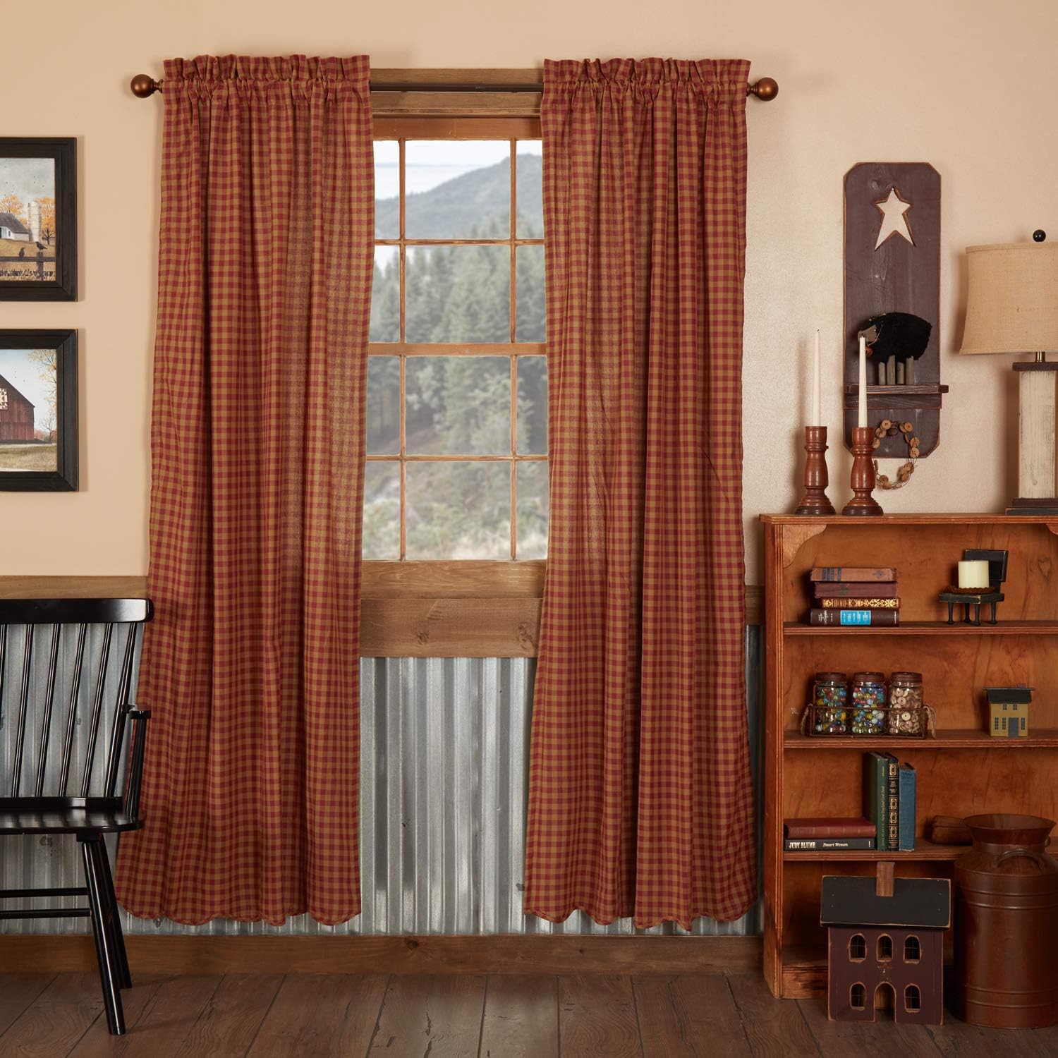 VHC Brands Burgundy Check Primitive 84"x40" Panel Pair Red Rod Pocket Cotton Tie Back(s) Window Curtains