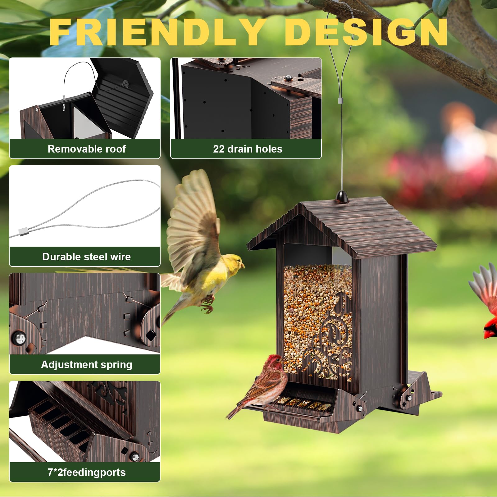Comedero para pájaros a prueba de ardillas para colgar al aire libre, comedero de semillas de pájaros de metal con perchas bilaterales activadas por peso, comederos de pájaros silvestres de gran