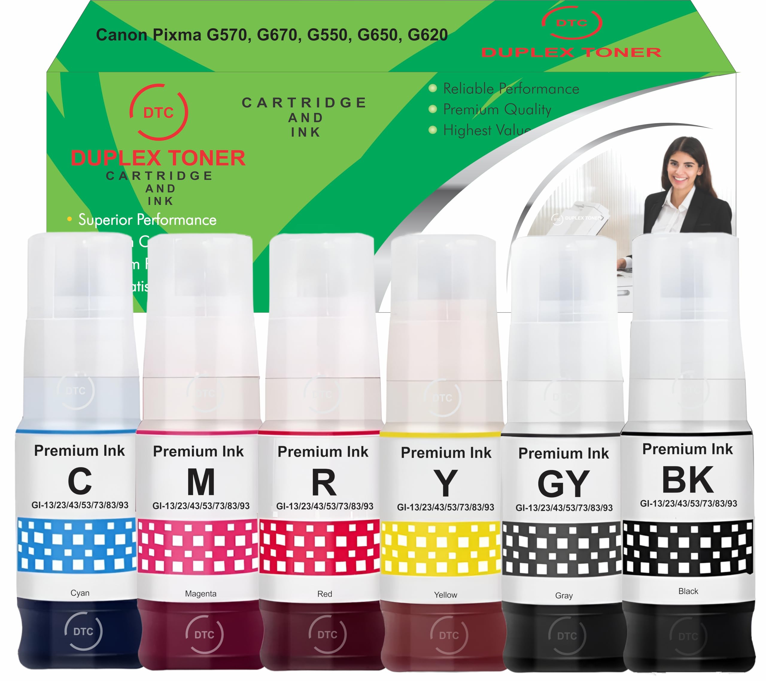 Duplex DTC GI-73 Ink Bottle Compatible for Canon Pixma G570, G670, G550, G650, G620 Printers - (70gm x C/M/Y/Bk/R/GR)-image-3