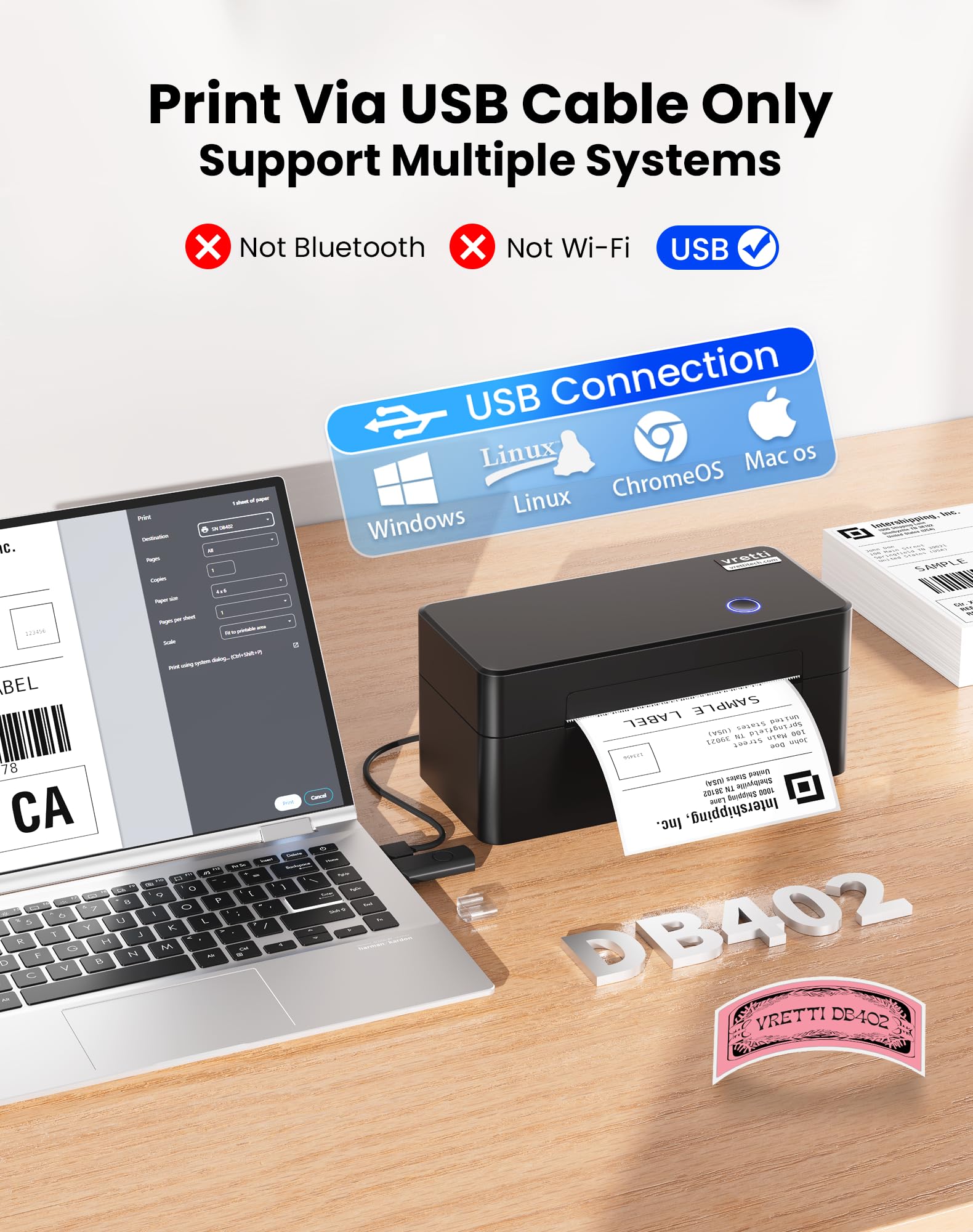 vretti Stampante termica per etichette USB, D402B Stampante per etichette di spedizione Macchina 4x6 per la spedizione di pacchetti,Compatibile con Amazon, DHL, Etsy, Shopify, eBay, UPS & FedEx