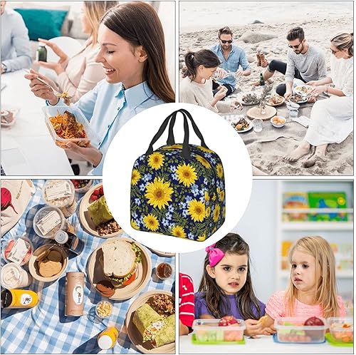 Miniatura 9 de Bolsa de almuerzo aislada de moda con estampado de girasol azul marino para mujer, contenedor reutilizable, impermeable, portátil, enfriador, bolsa