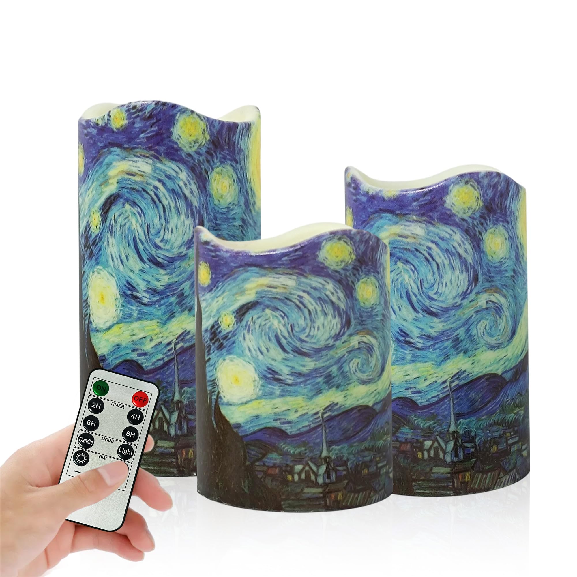 Remote Flameless Candles 4" 5" 6" - Set of 3 Van Gogh Starry Night Design LED Pillar Candles Battery Operated with Timer for Home Decor Indoor Outdoor,PLT3P-StaNit