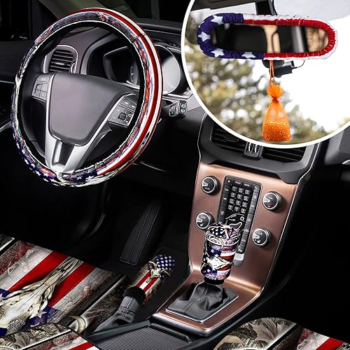 Miniatura 5 de Juego completo de 26 fundas de asiento de camuflaje con bandera estadounidense, accesorios de automóvil, camión, funda para volante, alfombrillas