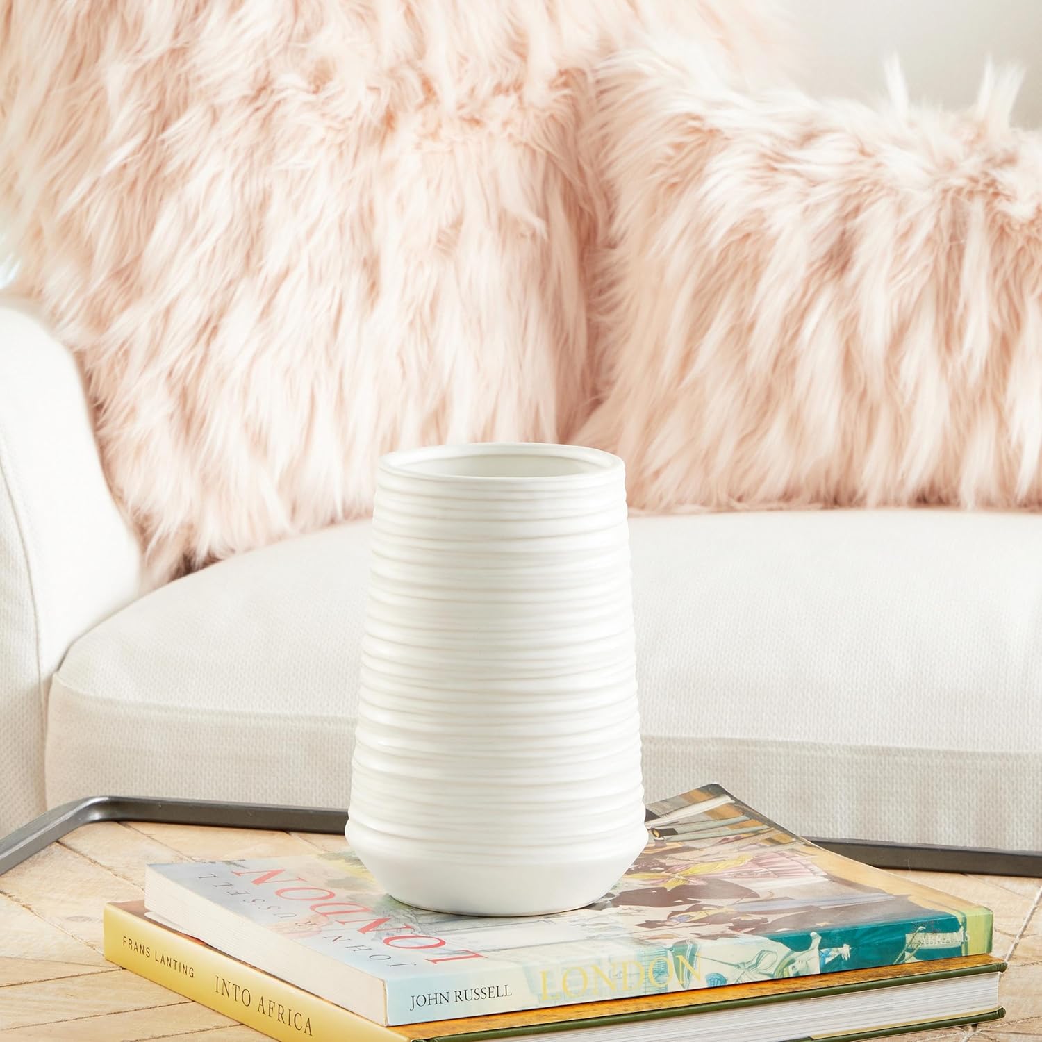 CosmoLiving by Cosmopolitan Porcelain Ceramic Decorative Vase Ribbed Centerpiece Vase, Flower Vase for Home Decoration 5" x 5" x 7", White (Pack of 4)