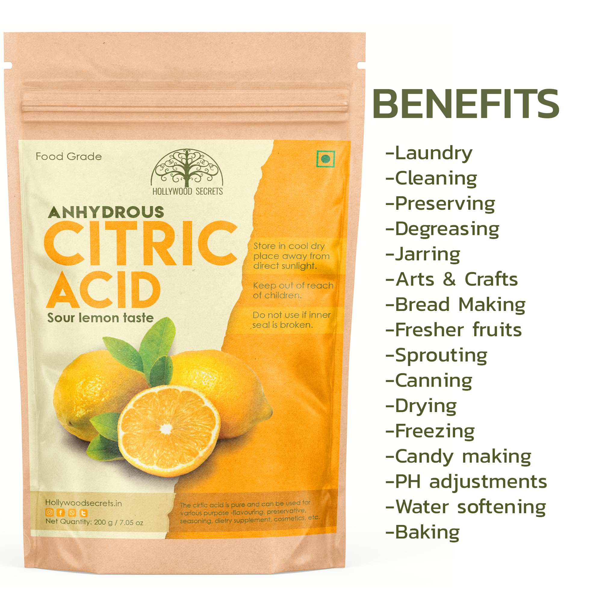 Hollywood Secrets 100% Citric Acid Powder Pure Grade Non-Gmo 200 Gms - Image 3 thumbnail