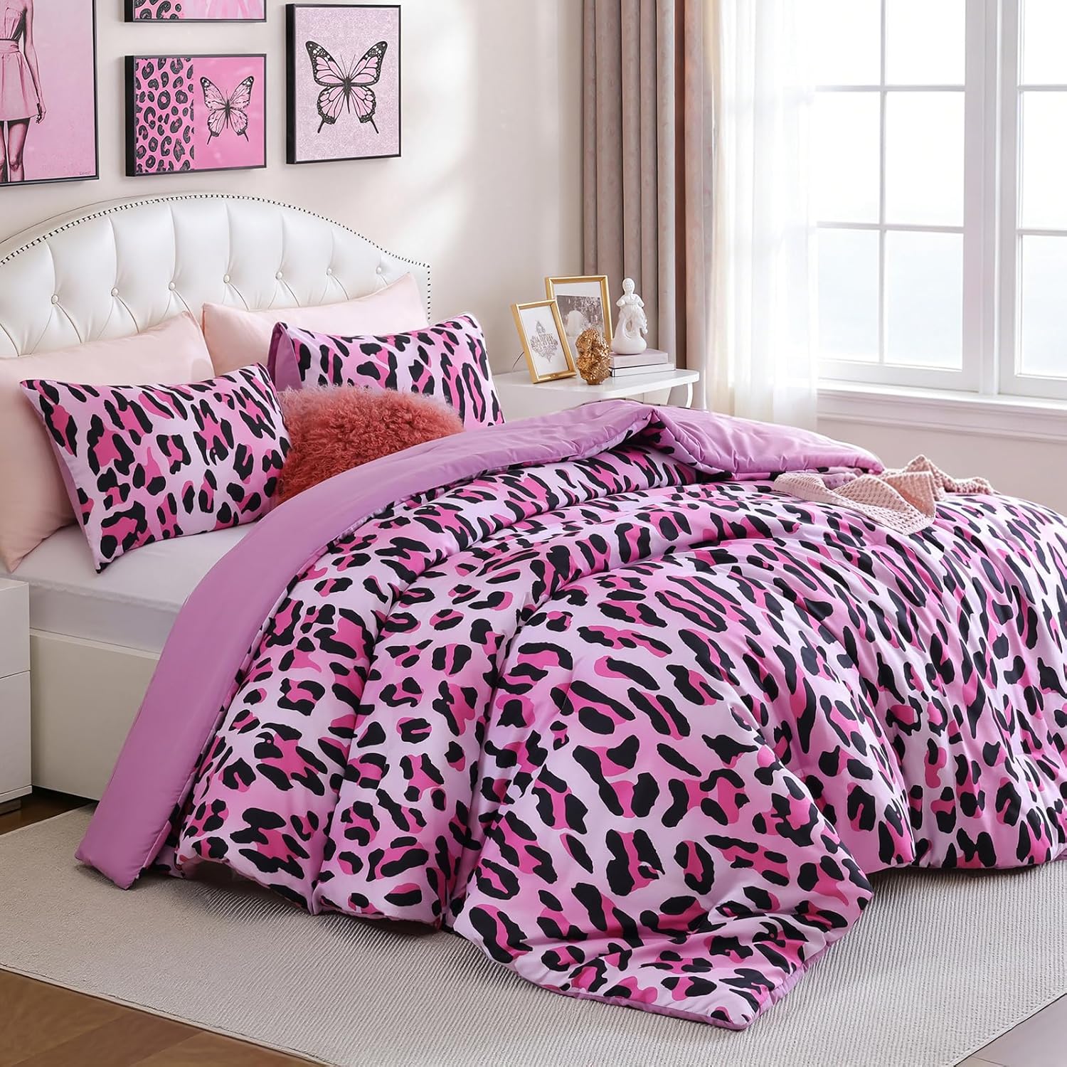 JANZAA Leopard Print Comforter Set Queen Size - 3 Pieces Animal Cheetah Printed Comforter Set, Cozy Soft Fluffy Pink/Floral Print Bedding Set with 2 Pillowcases for All Season