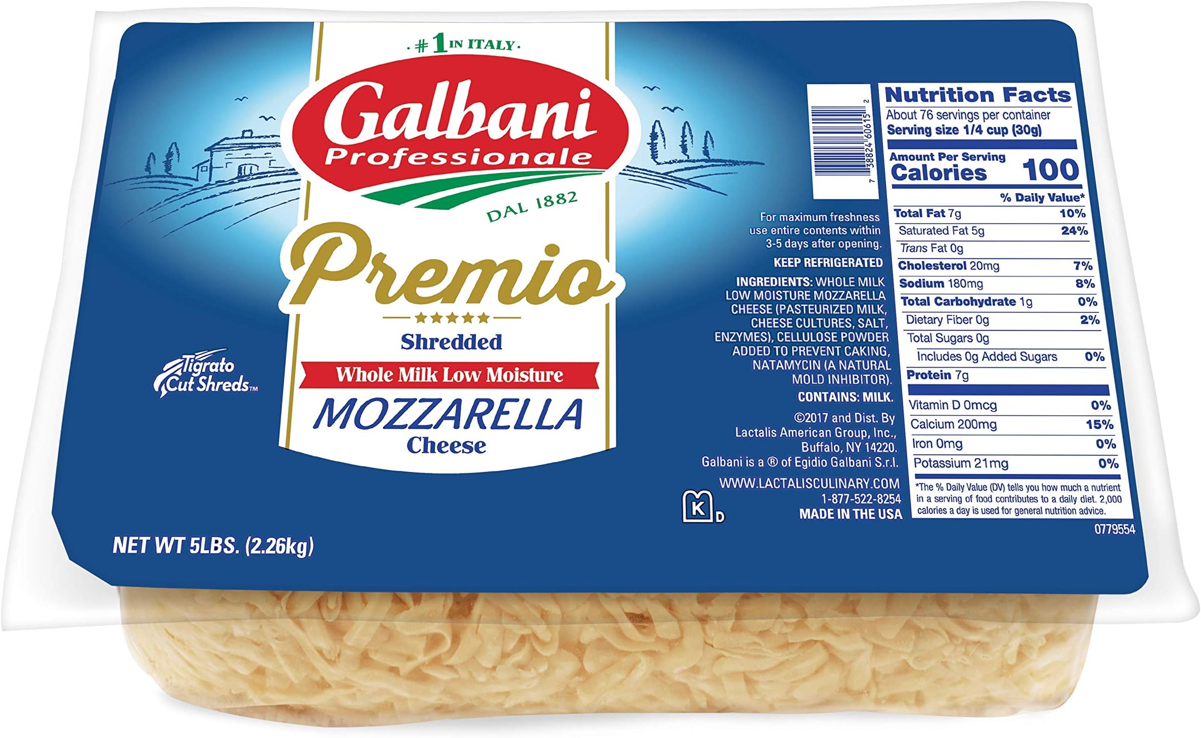 Galbani Professionale Premium Whole Milk Low Moisture Mozzarella Part Skim Low Moisture Cheese Shred Blend, 5 Pound -- 6 per case.