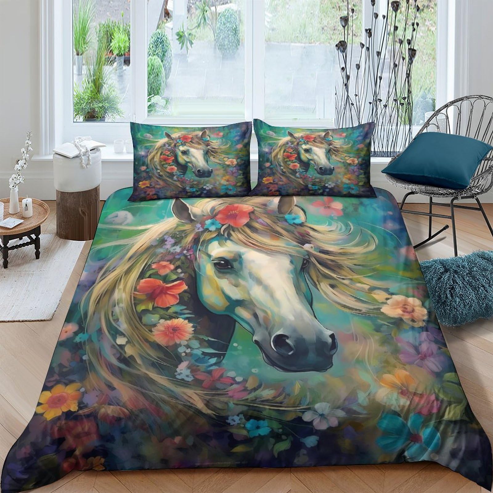 Housse de couette fleurs chevaux zip pratique anti-plis en microfibre lit king 220x240cm