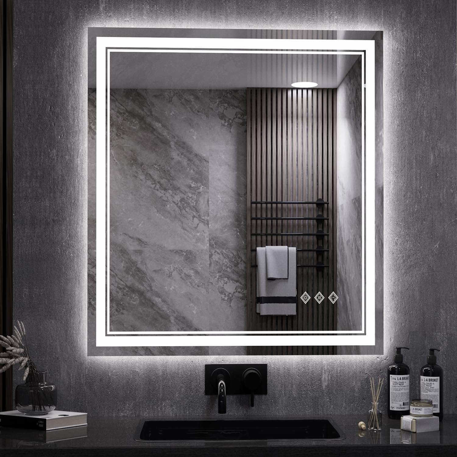 LED Bathroom Mirror, 28x32 Inch Gradient Front and Backlit LED Vanity Mirror, 3 Colors Dimmable CRI>90 Double Lights, IP54 Enhanced Anti-Fog, Hanging Plates Wall Mount Backlit Mirror