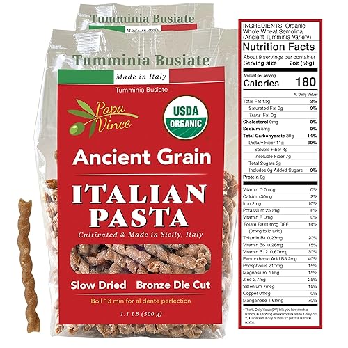 Papa Vince Pasta orgánica no enriquecida - Grano antiguo, alto en fibra, alto en proteínas, TimiliaTumminia cultivado en Sicilia Italia. textura Al
