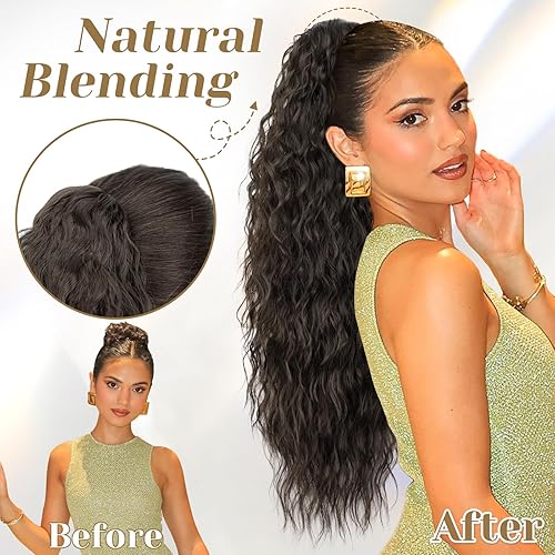 Miniatura 3 de KooKaStyle Extensiones de cola de caballo, 30 pulgadas con cordón de clip, cola de caballo larga ondulada castaño castaño sintético rizado para