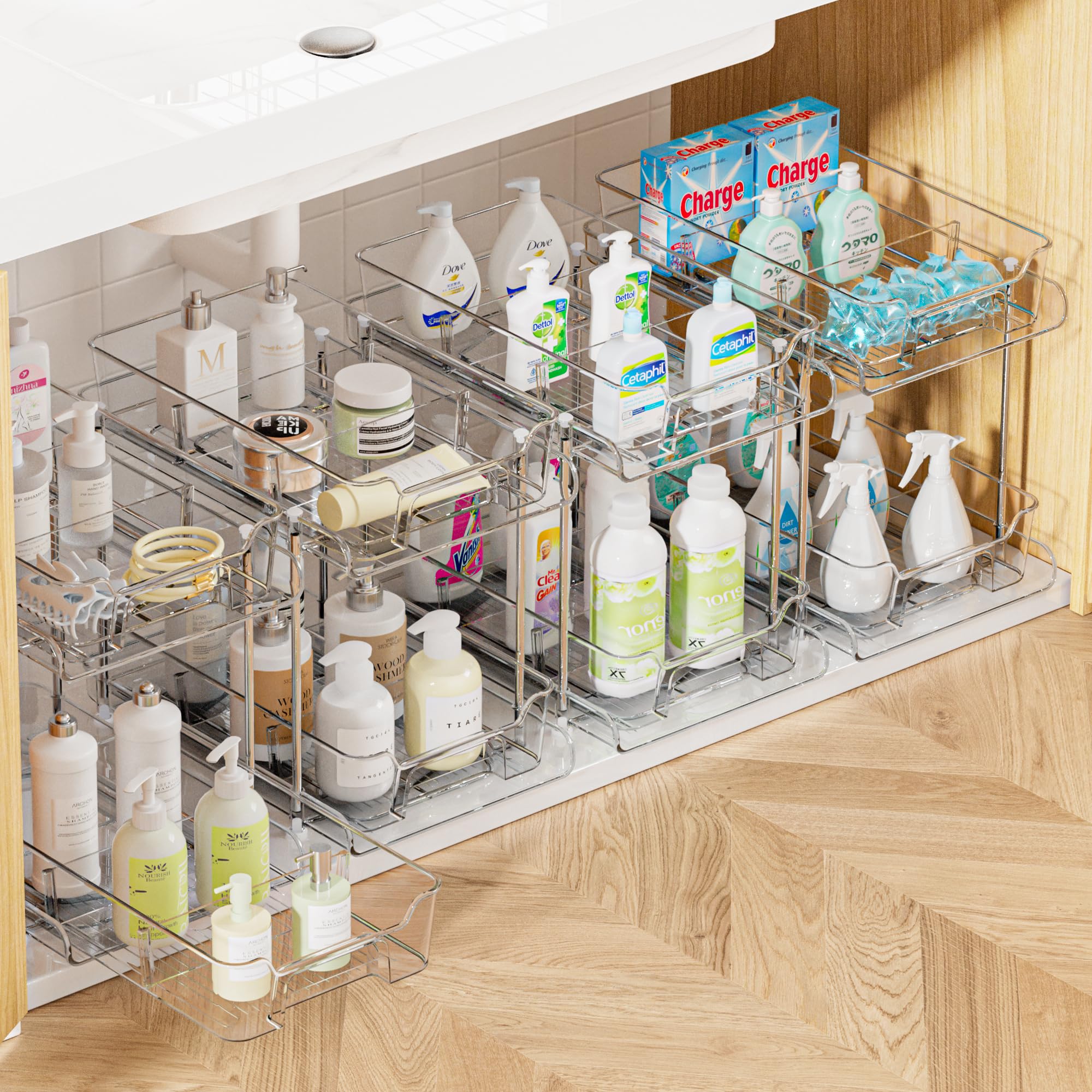 4 Pack 2 Tier Bathroom Under Sink Organizers and Storage, Clear Kitchen Pantry Organization, Pull Out Medicine Cabinet Organizer with Movable Dividers