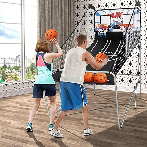 Miniatura 9 de Giantex Juego de arcade de baloncesto plegable juego de arcade de baloncesto electrónico de doble disparo con 8 modos de juego 4 bolas 2 aros bomba