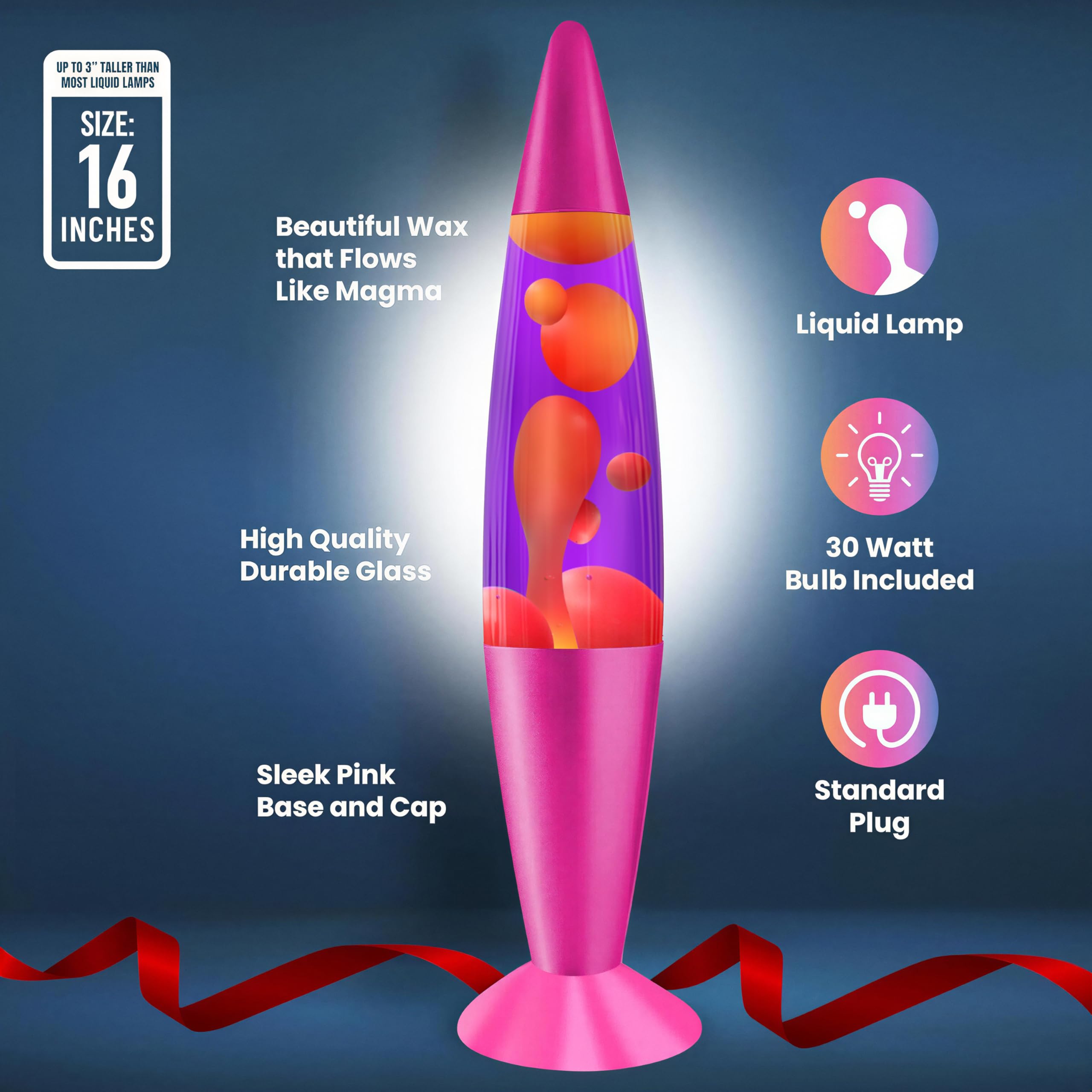 Jambo Lámpara líquida con flujos de Cera como Lava, lámparas frías, Luces nocturnas para niños, Adultos, Adolescentes (16 Pulgadas, Base Rosa, líquido Morado, Cera Amarilla)