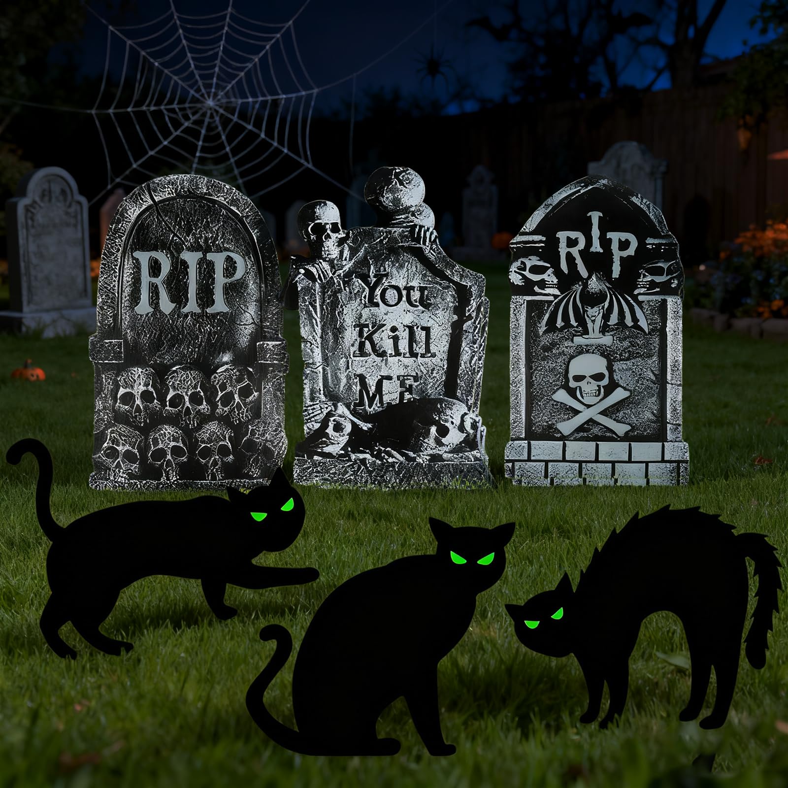 Fanggu 3 Piezas de Lápidas de Halloween RIP y 3 Piezas de Adornos Luminosos con Forma de Gato Negro Adornos Terroríficos de Lápidas de Halloween Waterproof Outdoor Garden Decorations