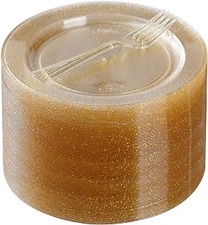 60 Plastic Dessert Plates 6.3" with 60 Plastic Forks 5.7", Gold Glitter Disposable Plates for 60 Guests, Heavy Duty Plastic Plates for Party, Fancy Appetizer Gold Plates for Wedding Baby Shower