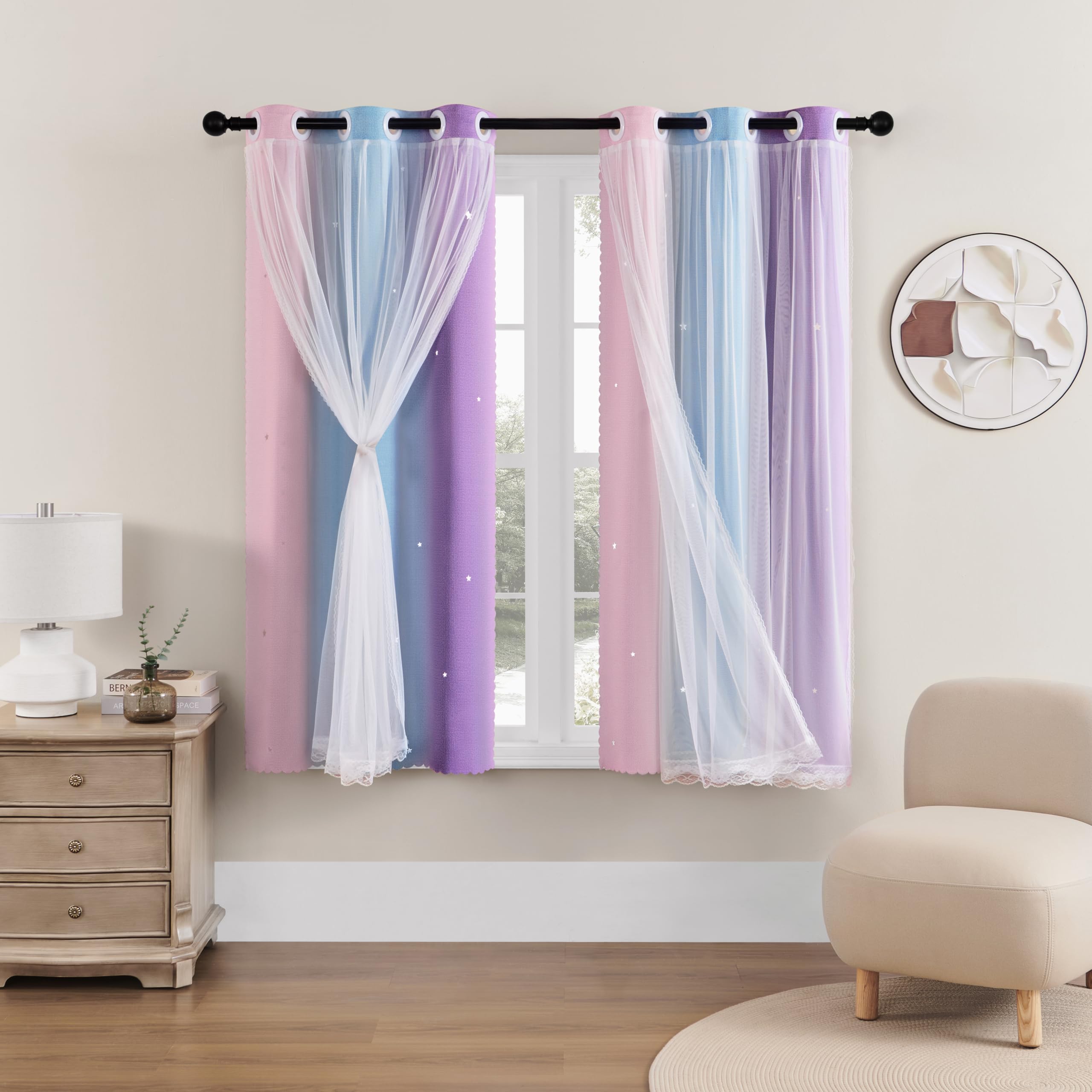 XiDi Curtains for Bedroom Decor, Rainbow Pink Purple/34/54