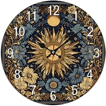 Vintage Sun Moon Floral Wall Clock - 10 Inch Bohemian Celestial Non-Ticking Timepiece - Retro Boho Decorative Clocks for Bedroom Living Room Home Decor