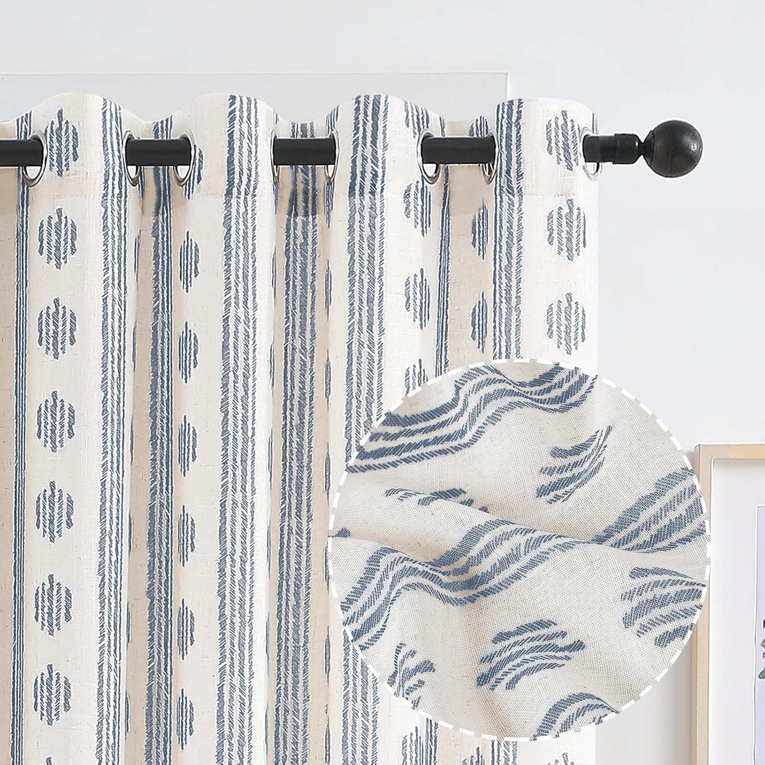 Melodieux Boho Striped Pattern Linen Textured Sheer Curtains for Bedroom, Living Room Light Filtering Grommet Window Curtain Drapes, 50 by 84 Inch, Blue on Beige(2 Panels) 50x84 Inch Blue