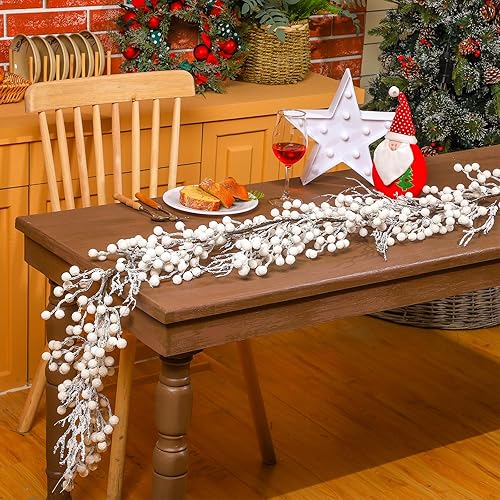 Miniatura 3 de Guirnalda de bayas de Navidad de 5 pies, guirnalda artificial de bayas con nieve artificial para mesa, escaleras, árboles de Navidad, decoraciones