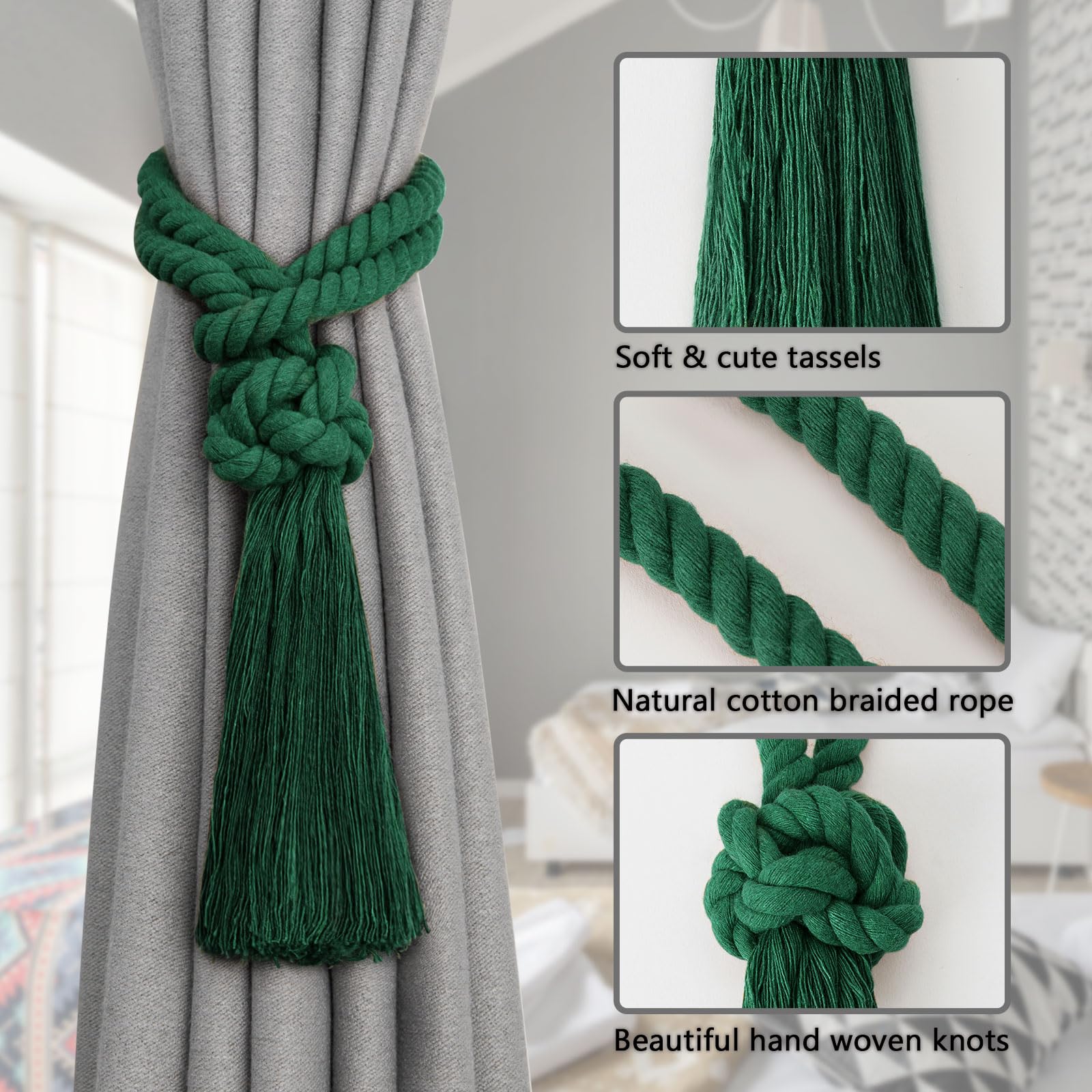 Pretty Jolly 4 Pack Natural Cotton Rope Tassel Curtain Tiebacks Boho Home Decor Drape Tie Backs Hand Woven Ball Curtain Holdbacks for Thin & Thick Home & Office Window Draperies (Green) - Image 3