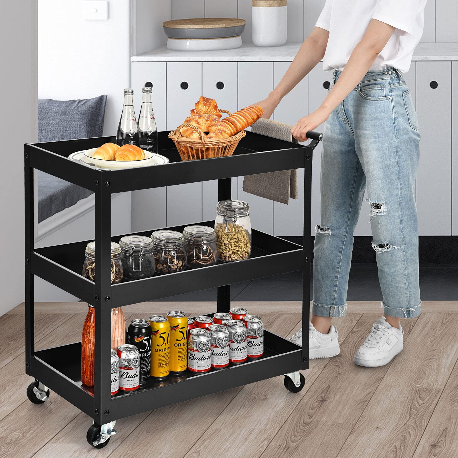COSTWAY Carrello da Cucina con 3 Livelli, Carrellino Multifunzionale con Ruote Flessibili, Carrello di Servizio Resistente con Maniglia Comoda, Ideale per Ufficio Garage Magazzino Biblioteca (Nero)