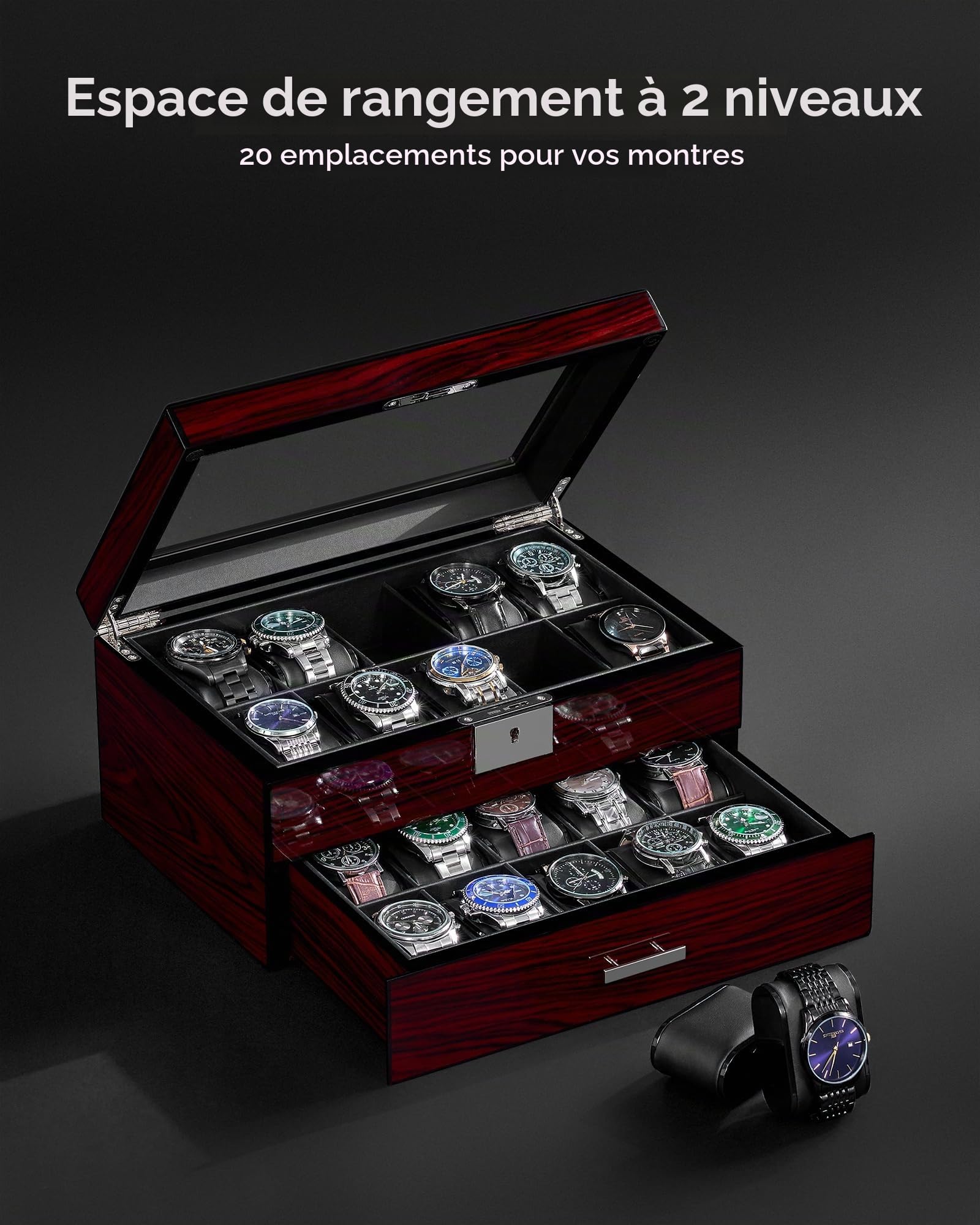 ANWBROAD Boîte à Montre Homme 20 Emplacements | Grand Couvercle Verre Rangement Montre Double Couche Affichage Housse Verrouillable Montres Stand, JWB002Y