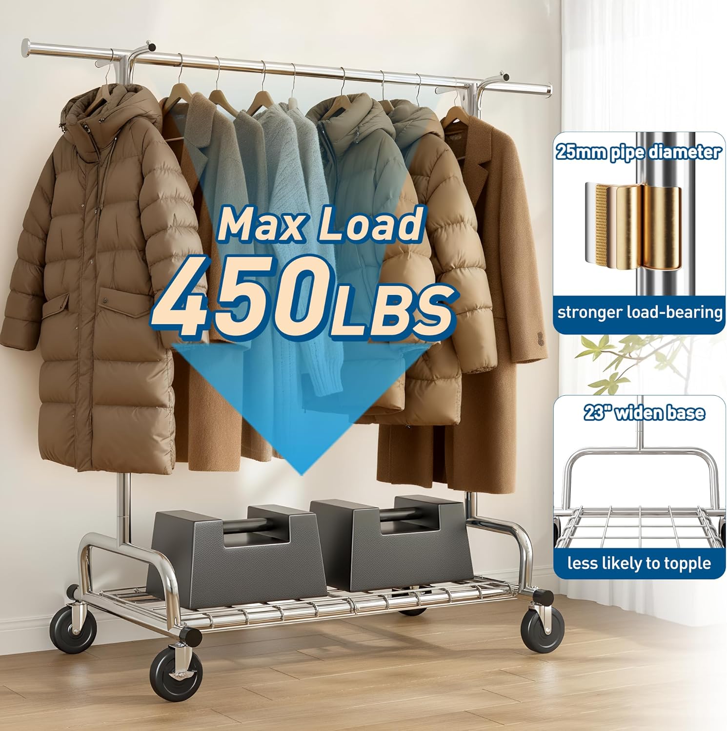 Raybee Heavy Duty Clothes Rack, 75''W Clothing Rack with 4 Hooks & Sturdy Wheels, 450 LBS Capacity, Rolling Garment Rack Holds 150 Clothes, for Bedroom/Laundry/Commercial Use, Silver