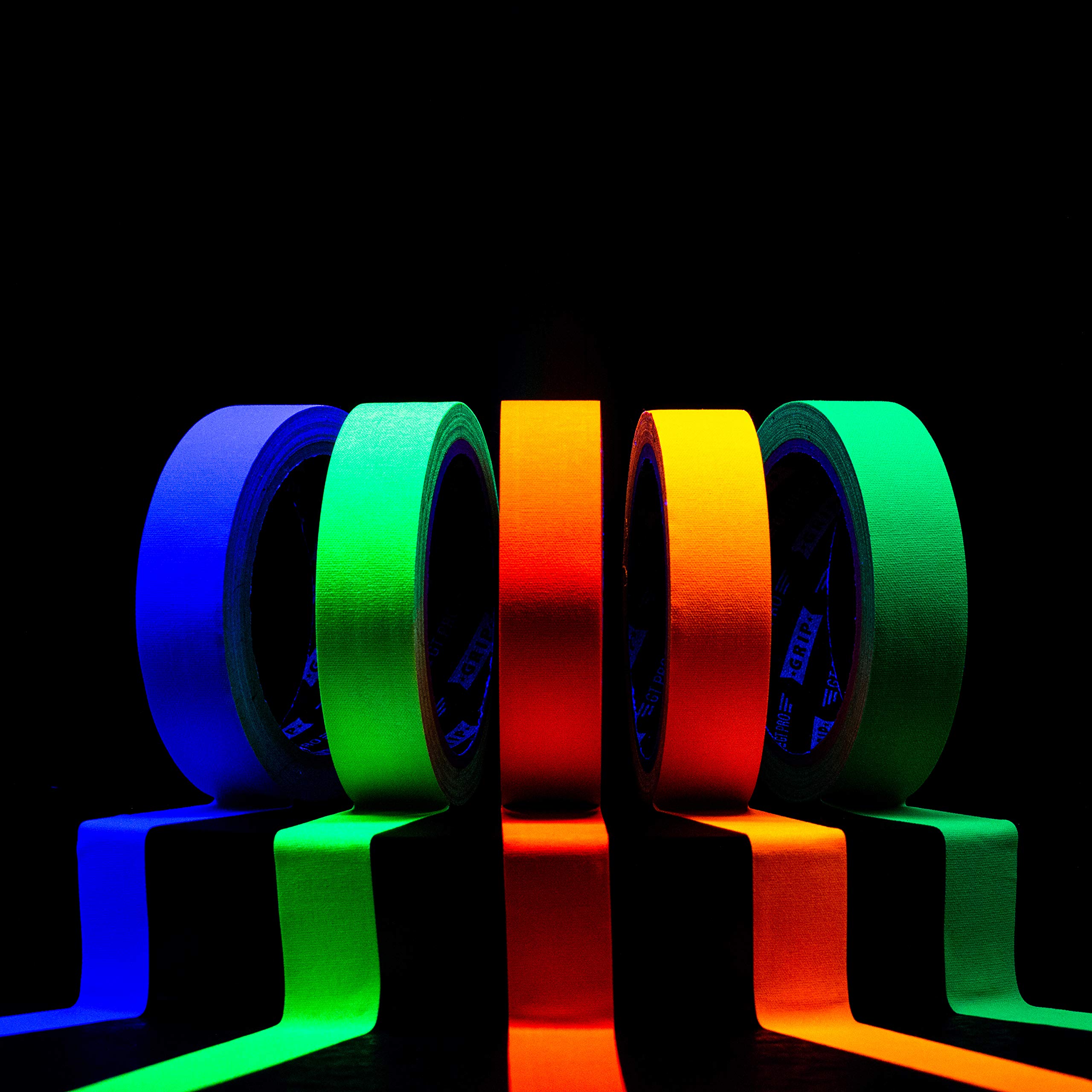 GRIP Eventbasics GT PRO Neon Tape - Set di 5 nastri fluorescenti in tessuto 25 mm x 10 m, opaco e antiriflesso, nastro UV in 5 colori (verde neon, rosa neon, blu neon, arancione fluo, giallo fluo)