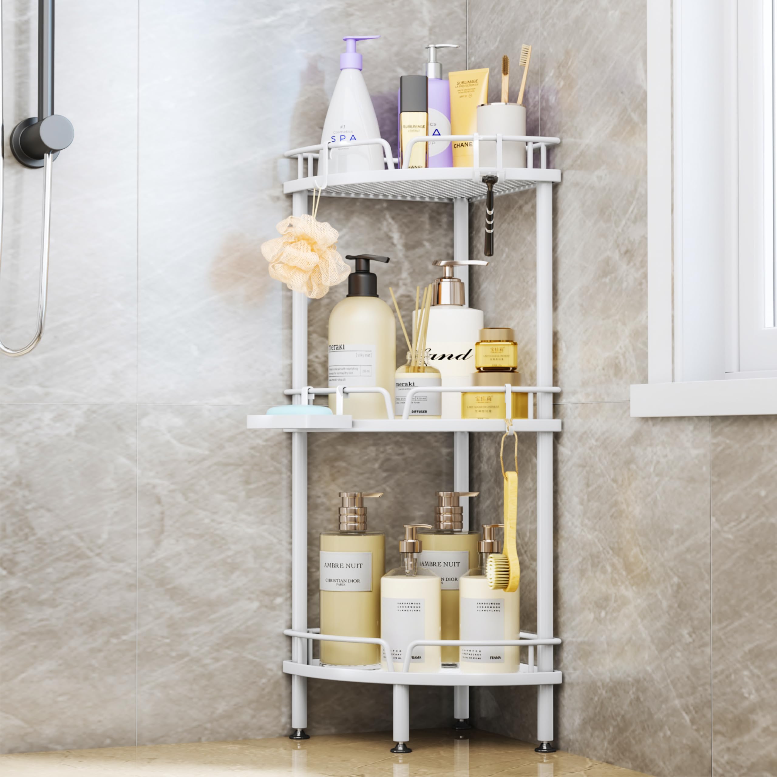 SWTYMIKI Corner Shower Caddy, 3 Tier Shower Corner Shelf Organizer with 4 Hooks