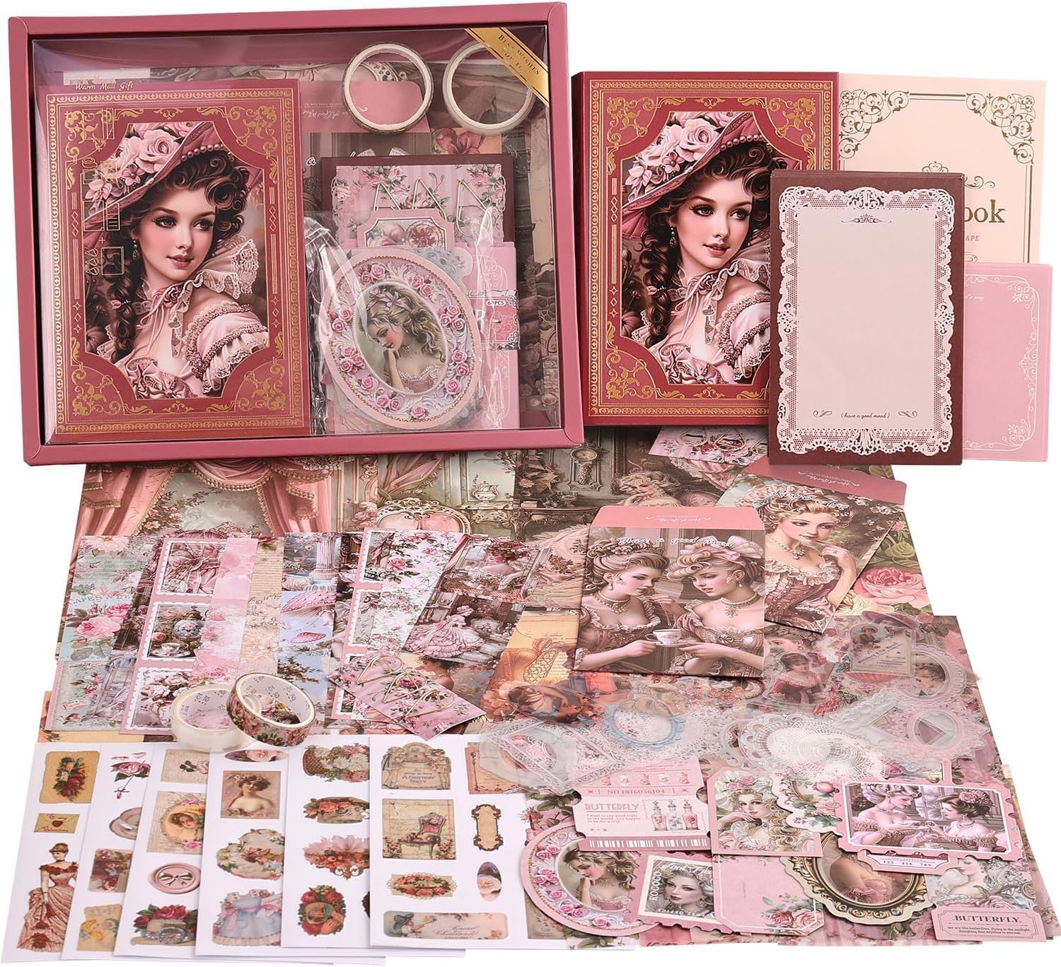 VIBE VISTA Vintage Aesthetic Scrapbook Kit, 346 Pcs, A6 Grid Notebook, Washi, Envelopes, Scrapbook Papers, Folding Labels, Background Papers, Photo Frames, Calendar Stickers, Stickers (Vitorian Pink)