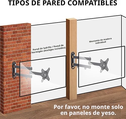 Miniatura 10 de Suptek Soporte de pared para TV con rotación de inclinación giratoria, movimiento completo, articulado ajustable para la mayoría de LED de 15 a 32