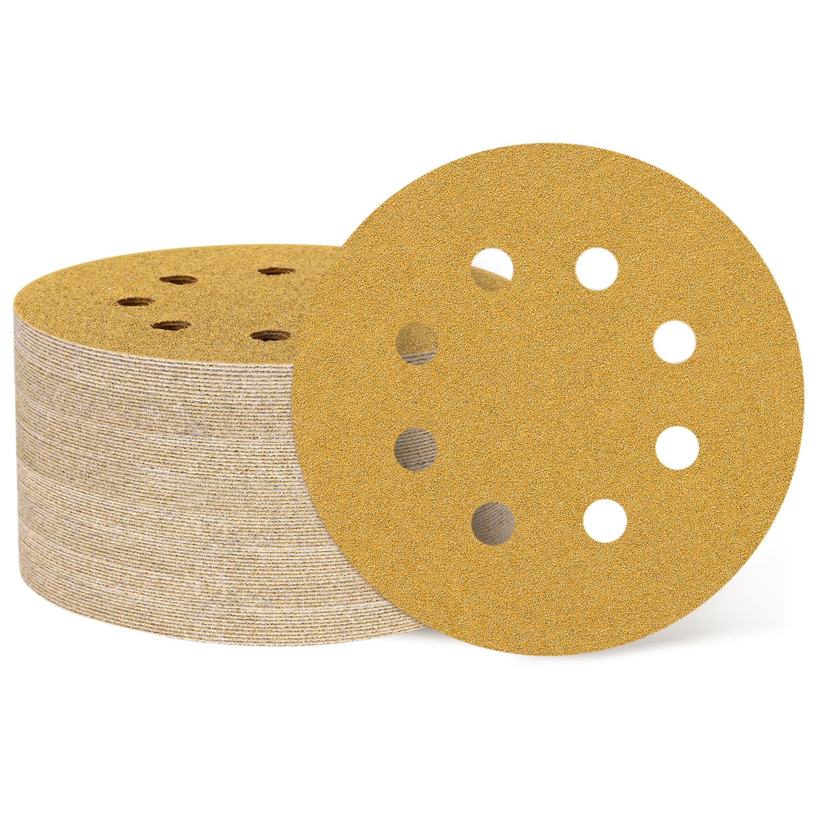 QUARKZMAN 200 Pcs 125mm 5 Inch Discos De Lijado 8 Agujeros 60 Grit Lija De Gancho Y Bucle Para Lijadora Orbital Aleatoria Para Trabajos En Madera Automotriz Metal, Dorado