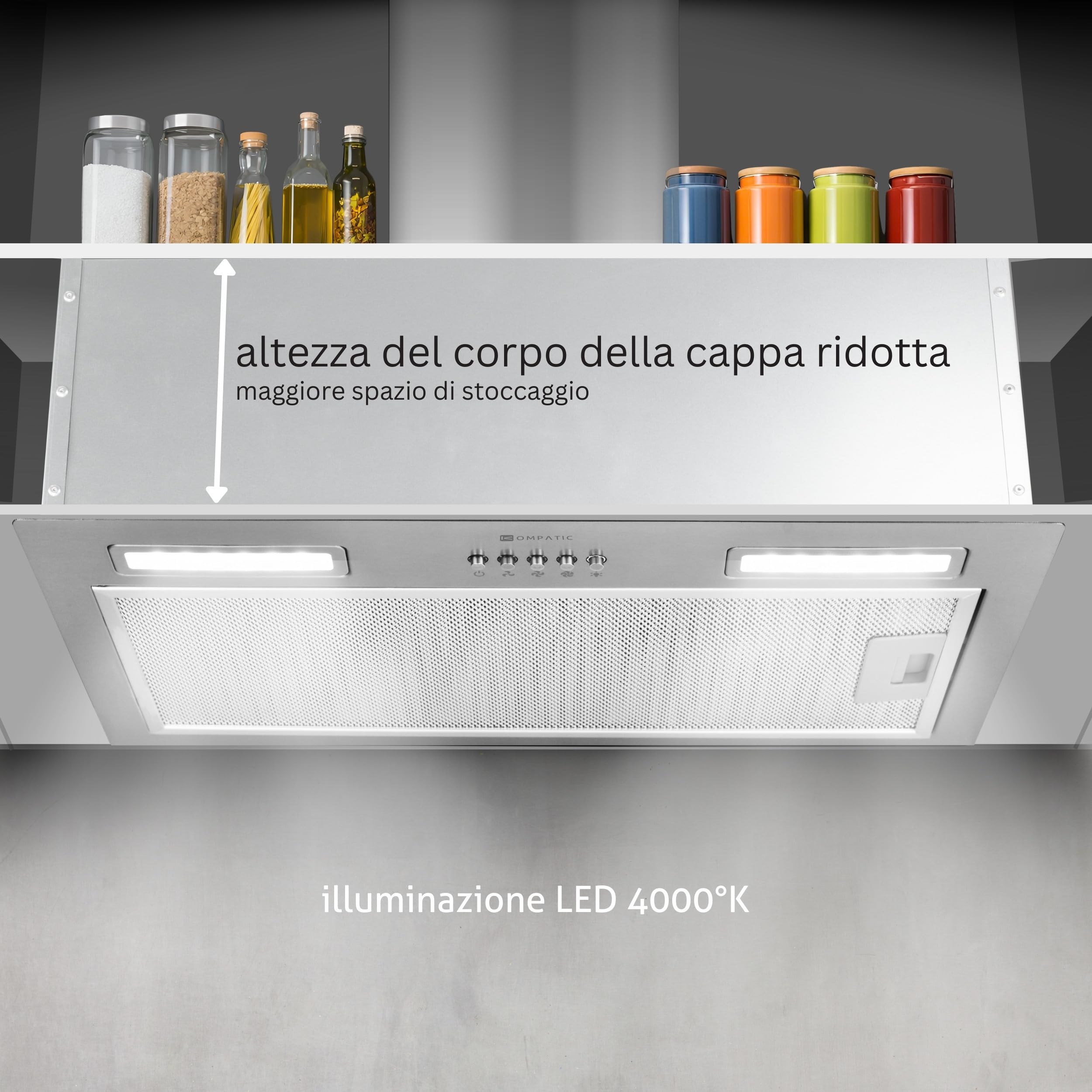Lane 50 KLN50SI Cappa Aspirante Incasso, A+++, 50 cm, 450 m³/h Filtri a Carbone Inclusi KCF4, Modalità Ricircolo o Estrazione, Controllo elettronico, Timer, LED, 3 velocità + boost,Inox