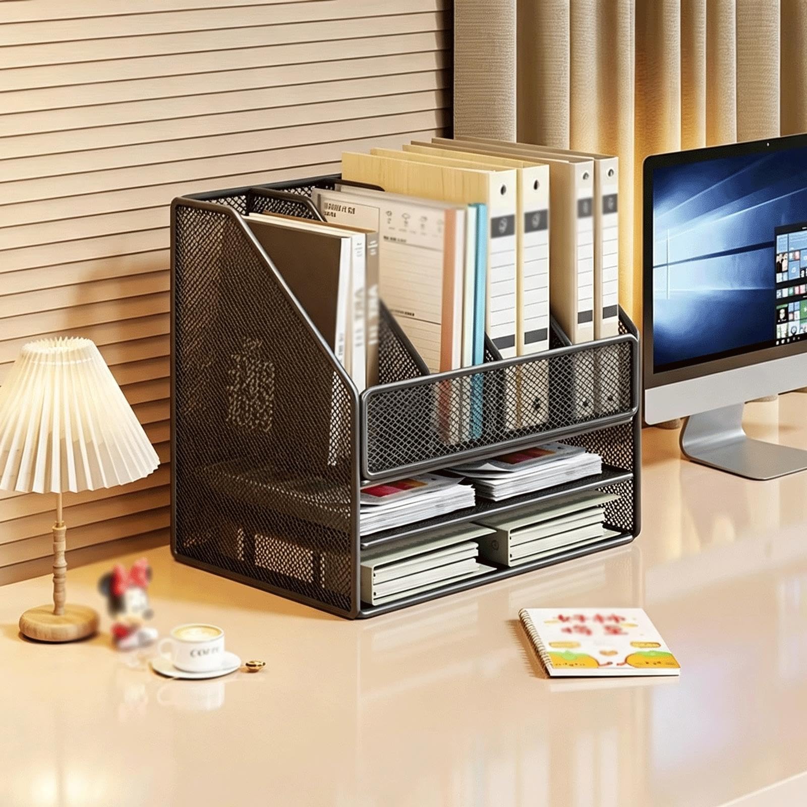 Schreibtisch-Organizer mit Stifthalter, Zeitschriftenhalter Netz-Aktenhalter für Schreibtisch für School Office(Black,C)