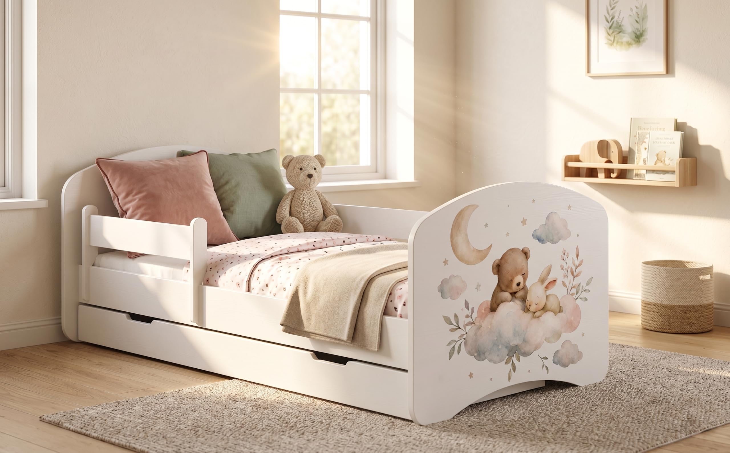 Happy Babies Kinderbett 144x82 cm Weiß | Motiv Bär & Hase mit Regenbogen | Komplett-Set inkl. Matratze & Schublade, Teddybären für Mädchen (Nr 462)