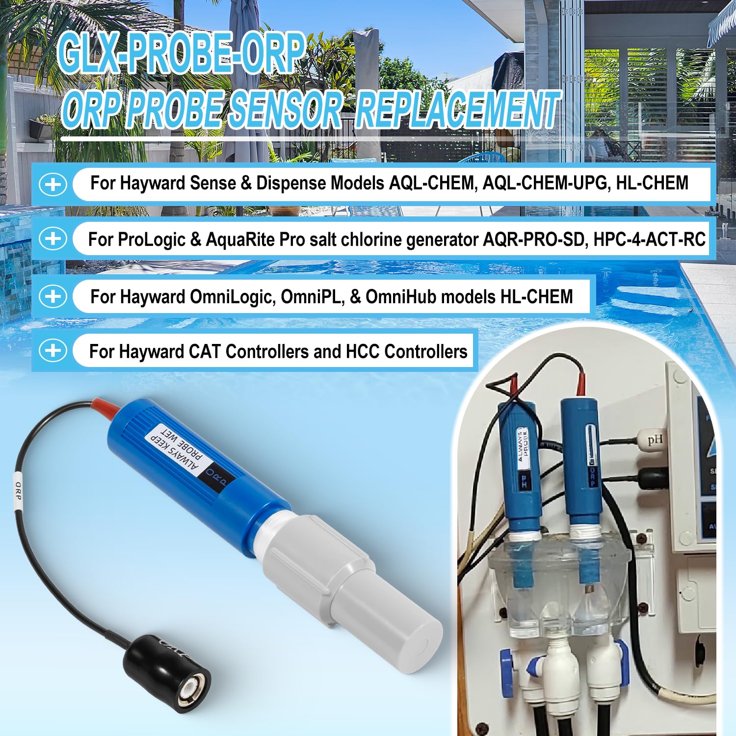 GLX-PROBE-ORP - Sensor de sonda ORP de repuesto para Hayward Sense y dispensa HL-CHEM y AQL-CHEM, para controladores CAT y HCC, para generador de cloro salino Hayward modelo AQR-PRO-SD, HPC-4-ACT-RC