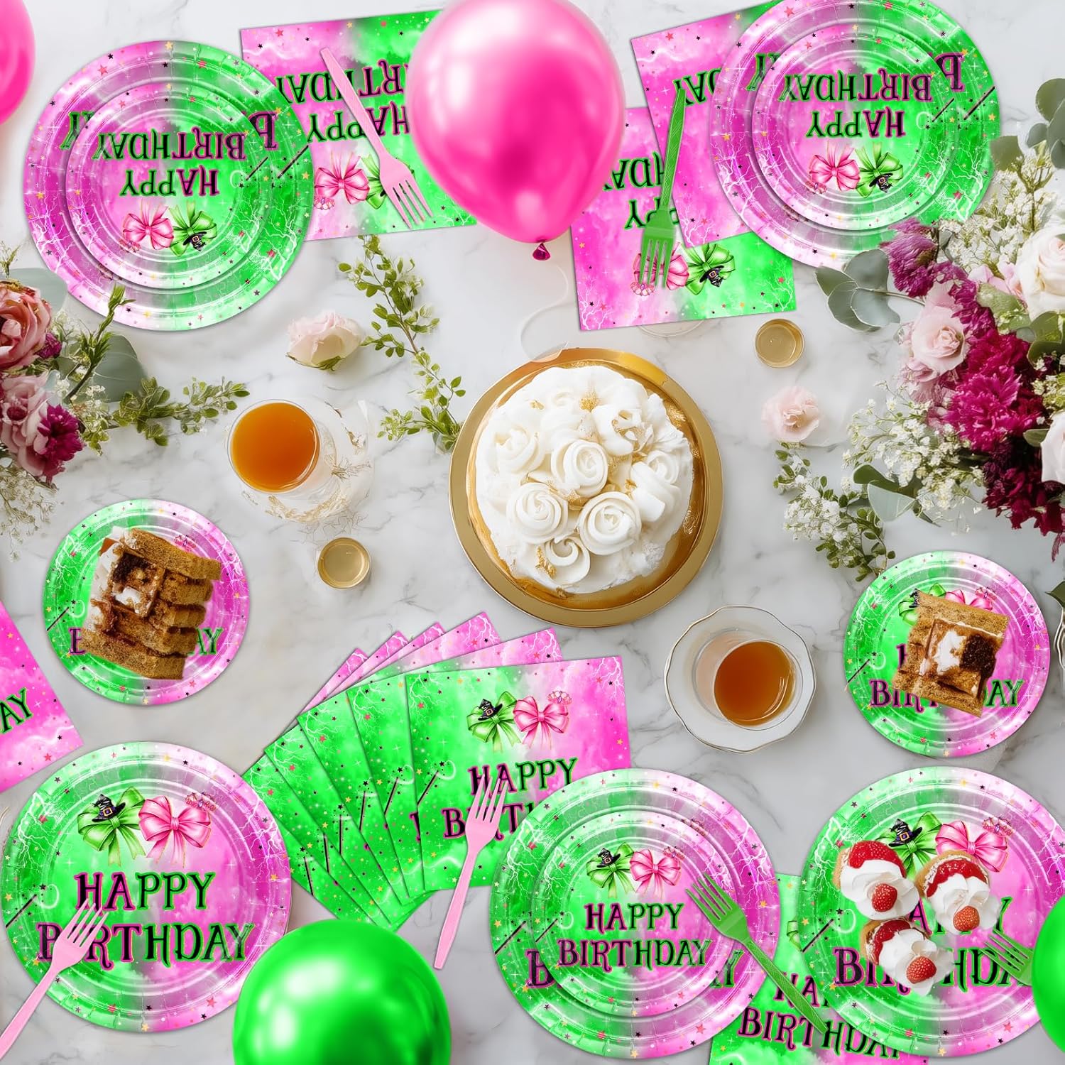 Avezano 96 PCS Pink and Green Party Decorations Witch Bow Plates Tableware Girls Women Witch and Princess Birthday Party Supplies, Serves 24 - Image 4