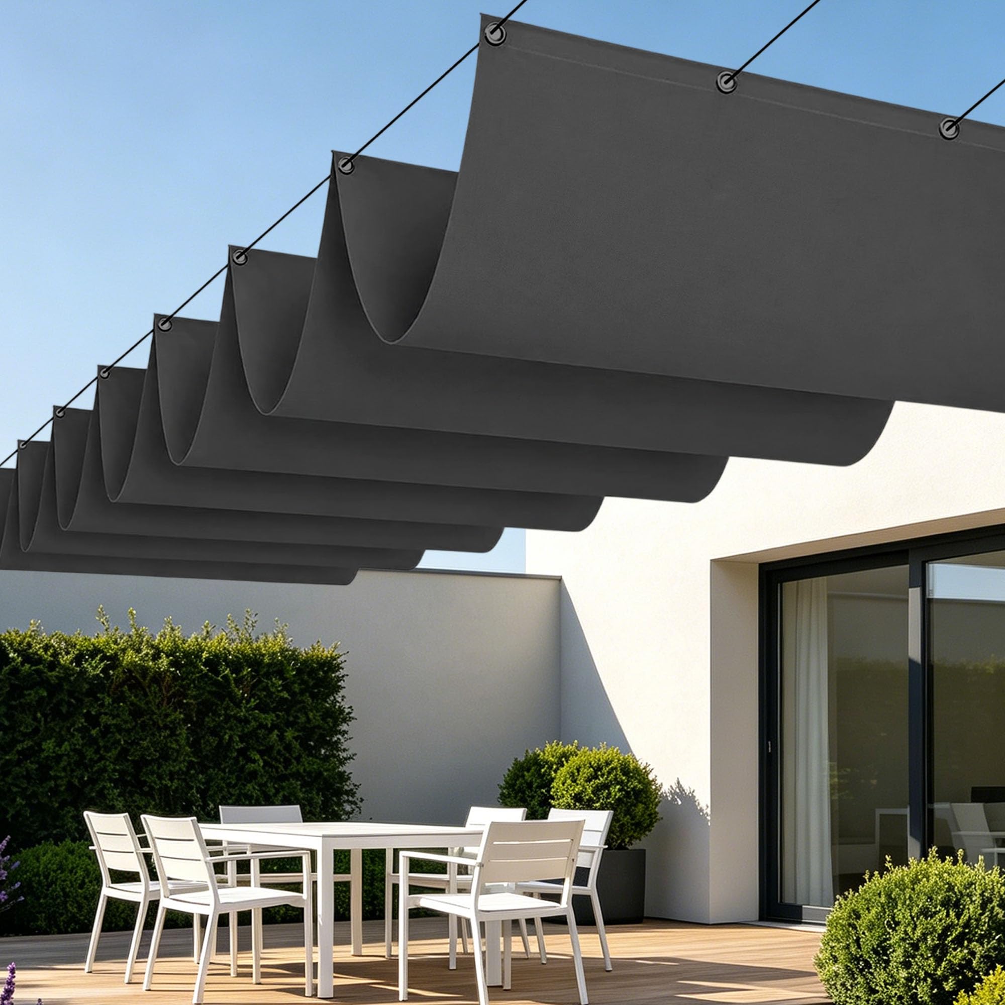 Voile ombrage rétractable vague 450x360 cm gris foncé pour terrasse