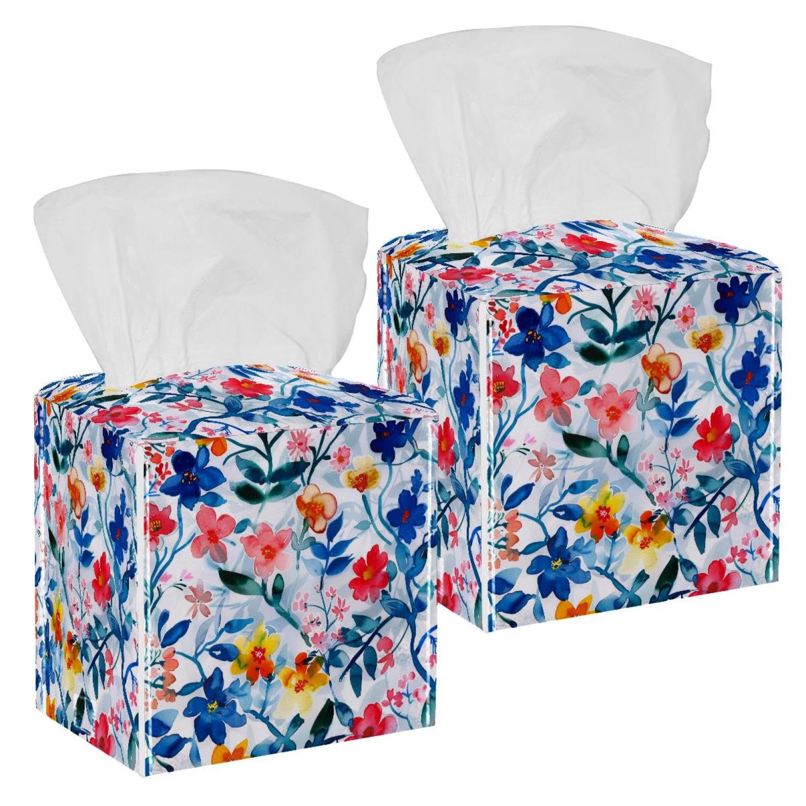 Watercolor Flowers Tissue Box Cover, 2 Pack PU Leather Square Facial Tissue Dispenser Box holder for Home Office Car