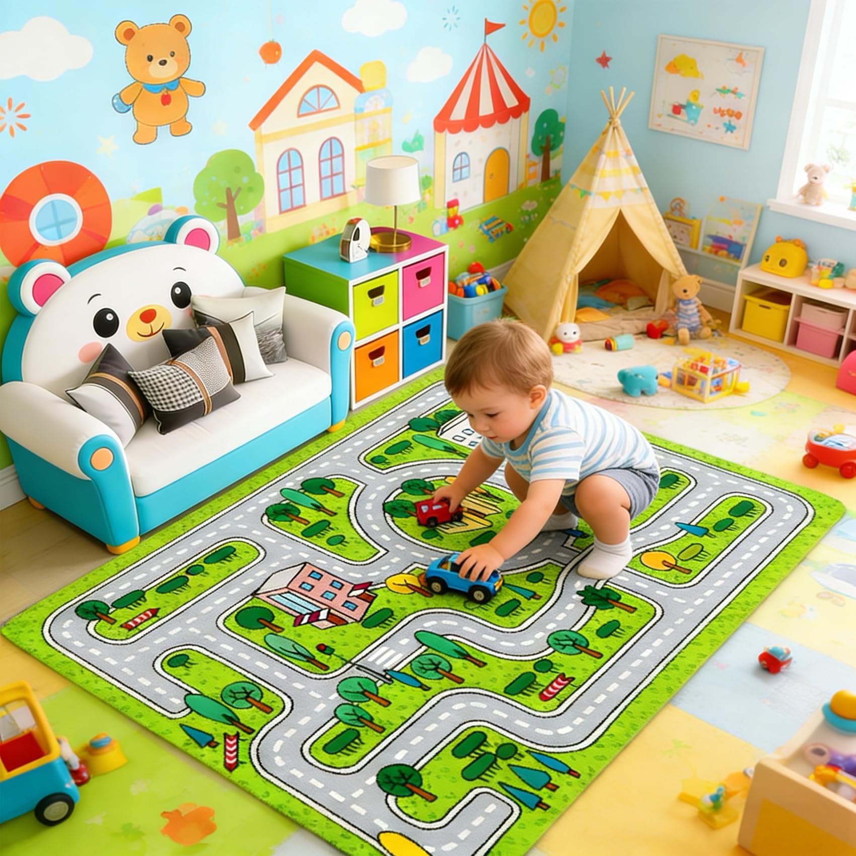 Kinder Teppich Spielteppich Straßen Maschinenwaschbar Kurzer Flor Pädagogischer Spielteppich， Rutschfest Autoteppich Junge Mädchen für Schlafzimmer & Spielzimme（80x150 cm） (Grün, 100*160cm)