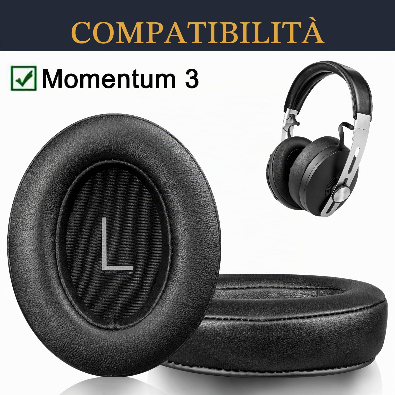 SOULWIT Cuscinetti auricolari in pelle d’agnello di ricambio per Sennheiser Momentum 3, con cancellazione del rumore e cuscini morbidi di schiuma di memoria per un migliore isolamento acustico.
