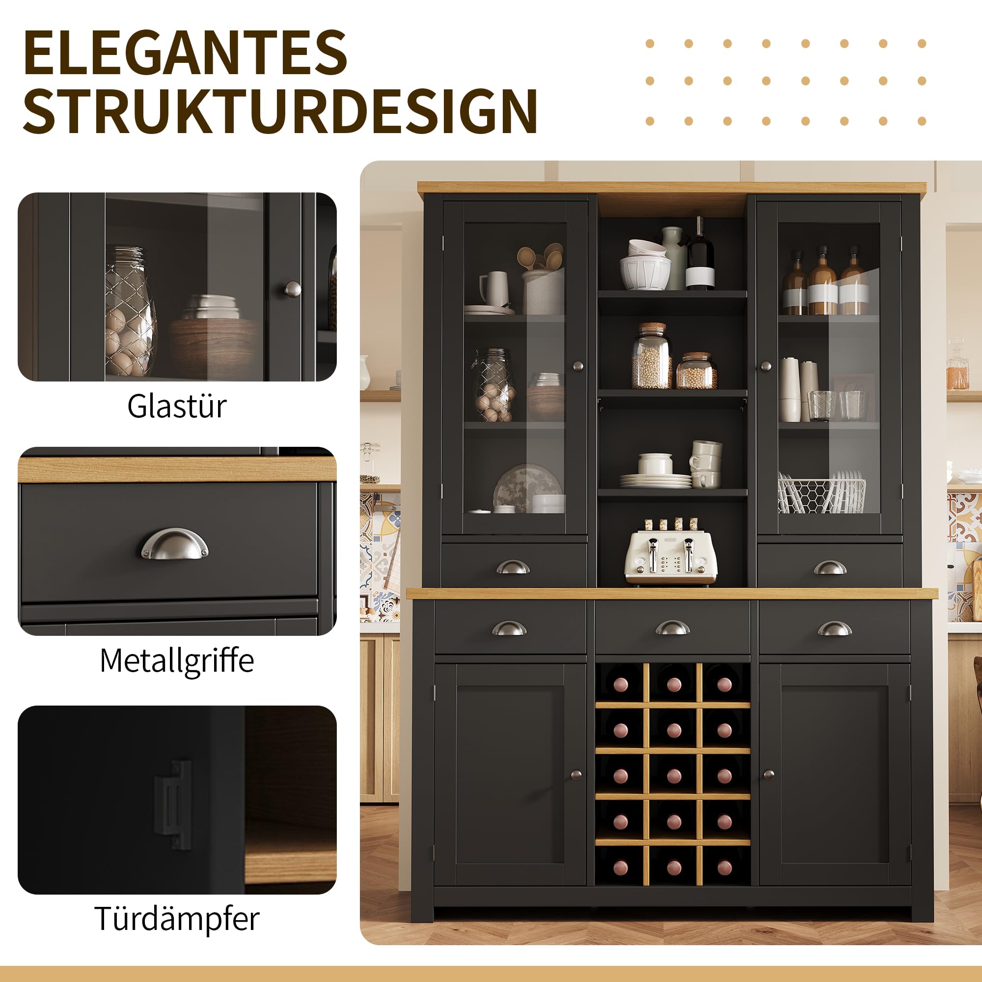 Küchenschrank mit Arbeitsplatte, Buffetschrank mit Herausnehmbares Weinregal, Küchenhochschrank mit Kippschutz, Soft-Close-Funktion, Mehrzweck-Hochschrank für Küche und Wohnzimmer, Schwarz