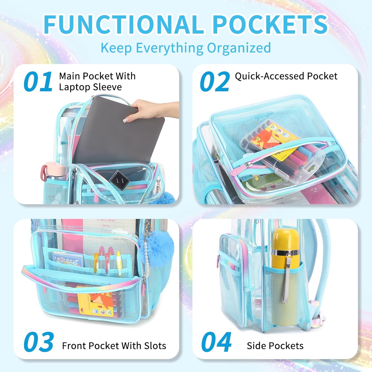 Clear Backpack for School Heavy Duty Transparent Bookbag for Girls Clear Bags See Through Backpack Sport Events Concert Stadium Approved-Blue - Image 4