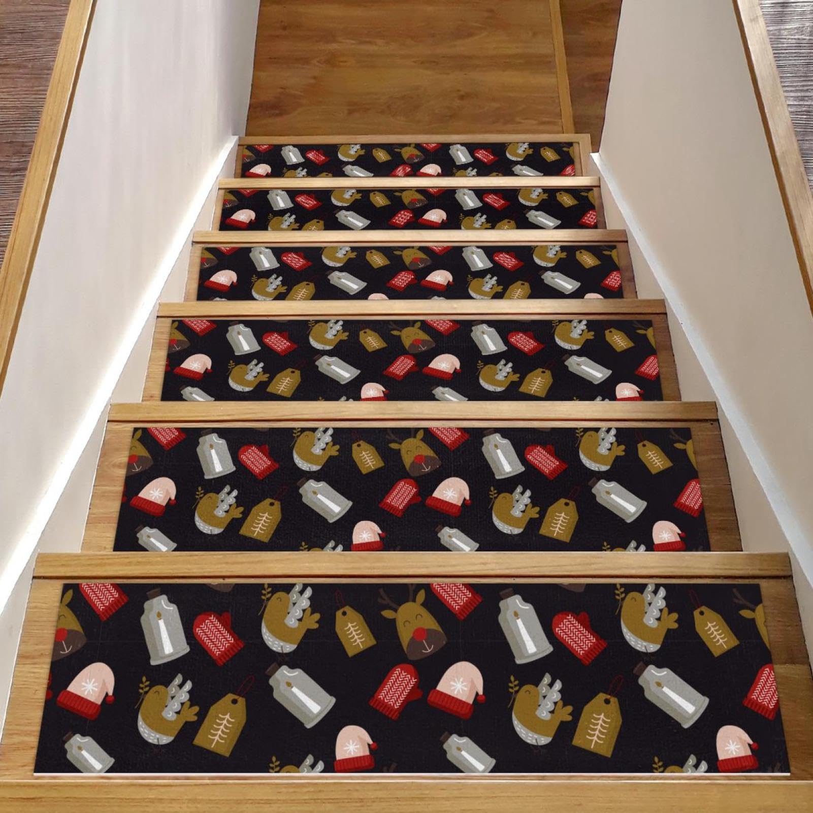 Alfombra antideslizante de TPE para escaleras de madera con diseño navideño