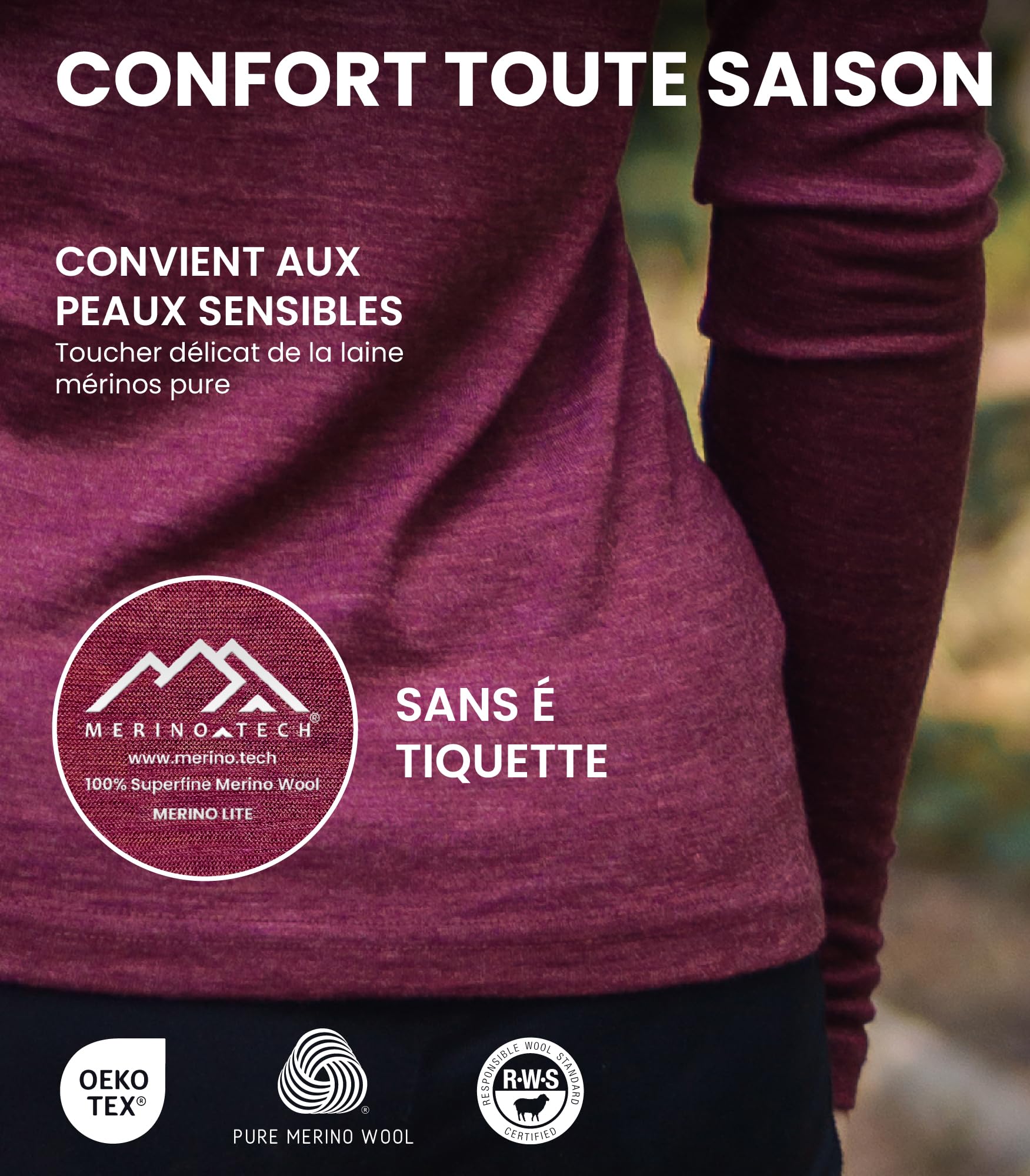 Merino.tech sous Vetement Laine Merinos Femme - 100% Merinos Haut Thermique Femme pour la Sport et Randonnée